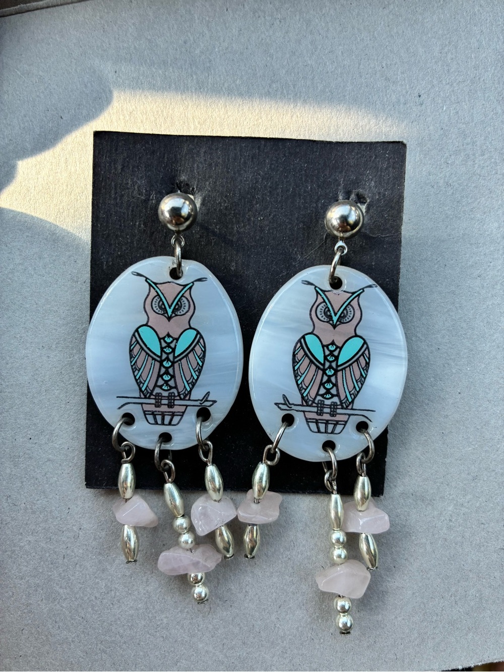 Owl Drop Earrings in White and Teal - Women Jewelry